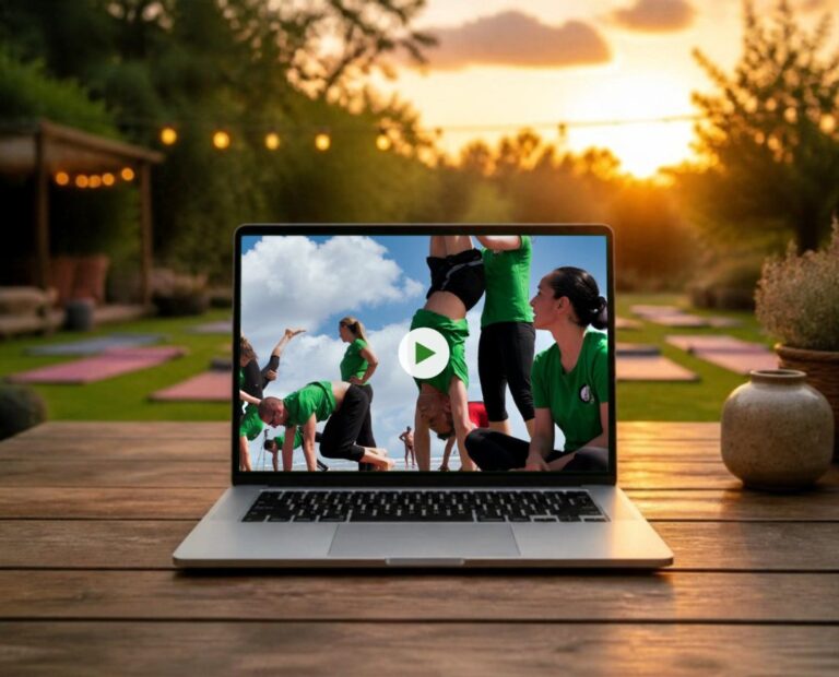 Lezione del corso AcroYoga on demand vista su un computer portatile