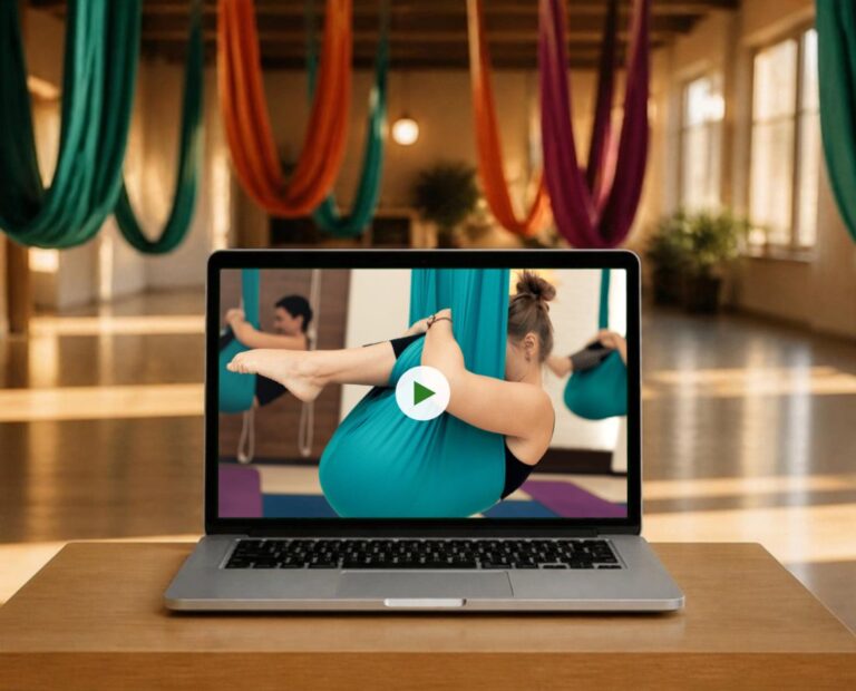 Lezione del corso Yoga Amaca Fly on demand vista su un computer portatile