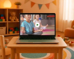 Corsi 4 Lezione Del Corso Yoga Per Bambini On Demand Vista Su Un Computer Portatile