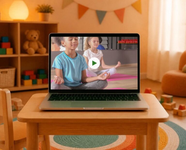 Lezione del corso Yoga per Bambini on demand vista su un computer portatile