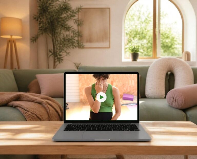 Lezione del corso Yoga in Gravidanza on demand vista su un computer portatile