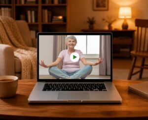 Corsi 5 Lezione Del Corso Yoga Per La Terza Età On Demand Vista Su Un Computer Portatile