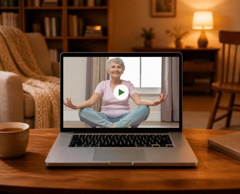 Lezione del corso Yoga per la Terza Età on demand vista su un computer portatile